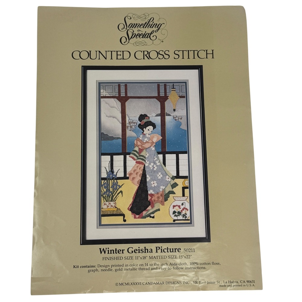 Vtg Candamar Winter Geisha Cross Stitch Kit Pattern Aida Cloth 50211 1986 USA